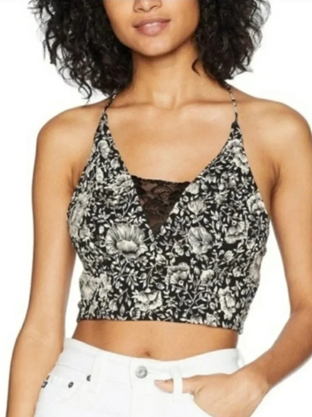 Free People Lace Racerback Brami Cami Top Black Floral Halter M